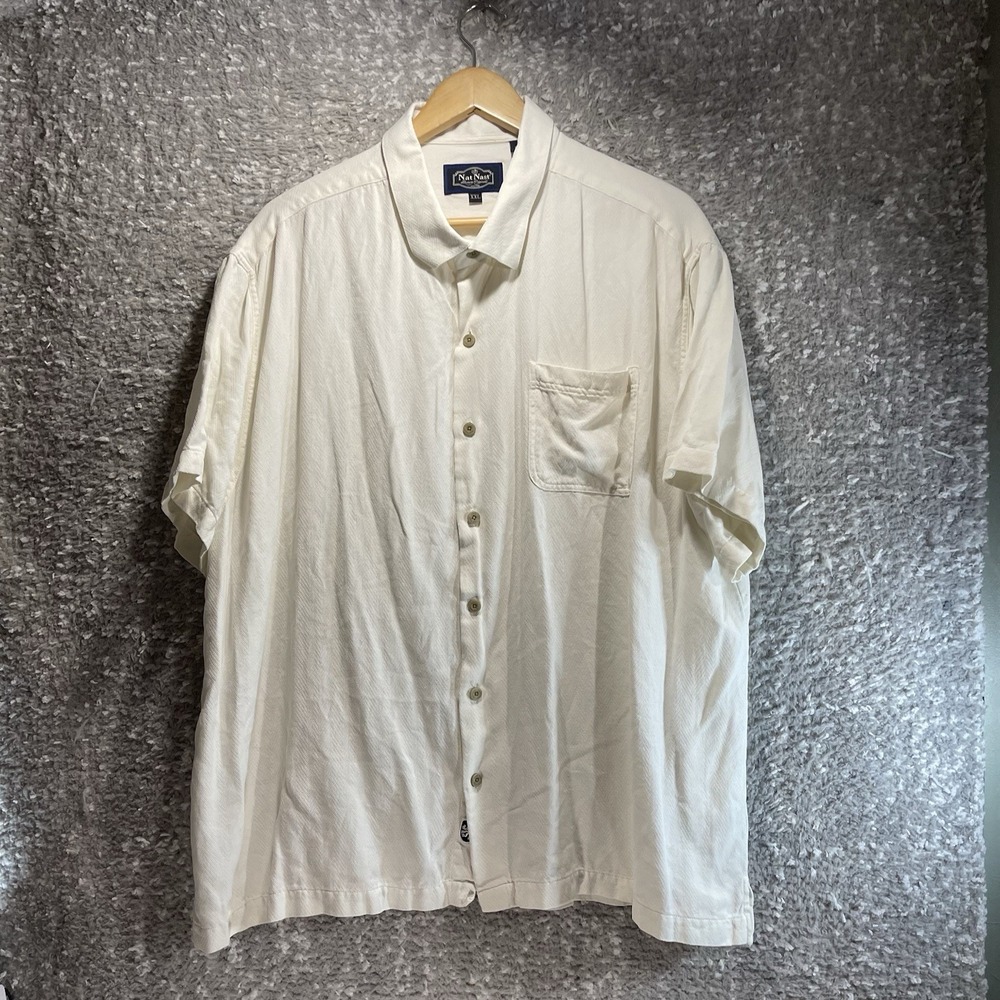 Nat Nast Shirt Men XXL Silk Blend Off White Button Up Resort Preppy Short Sleeve